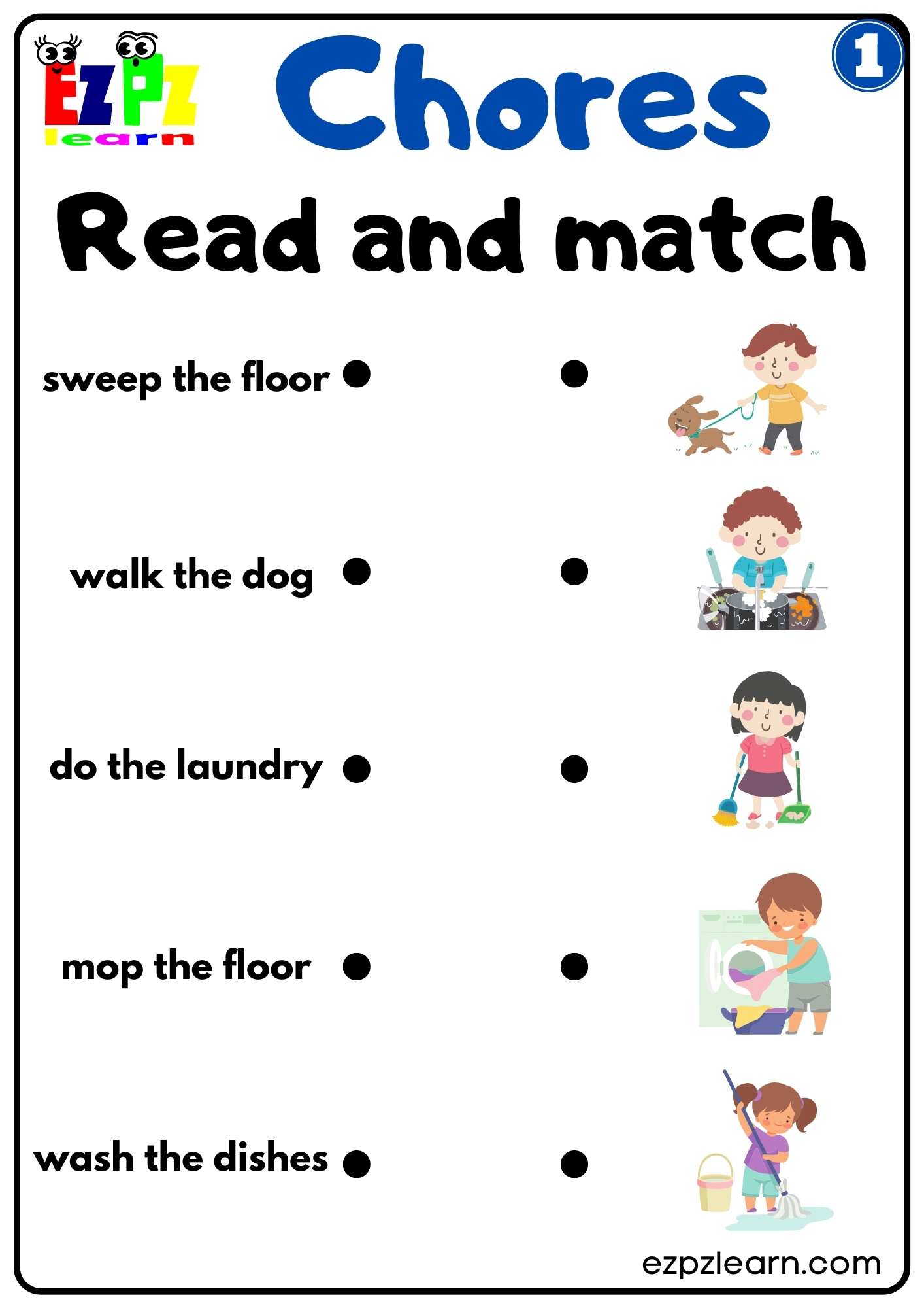 Household Chores Vocabulary Read and Match Worksheet For Kids Group 1 Download Free